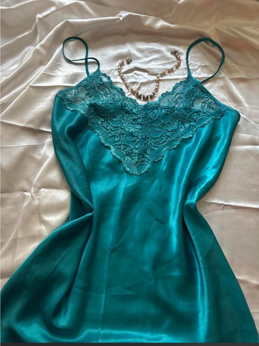 Women's Teal Satin Lace Chemise Slip - Picture 3 of 4